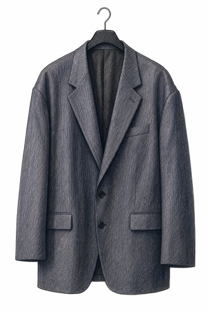 O blazer largo emprestado, escolhido como a parte fina do traje.