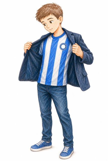 Kleber abre o blazer e revela com orgulho a camisa do time.